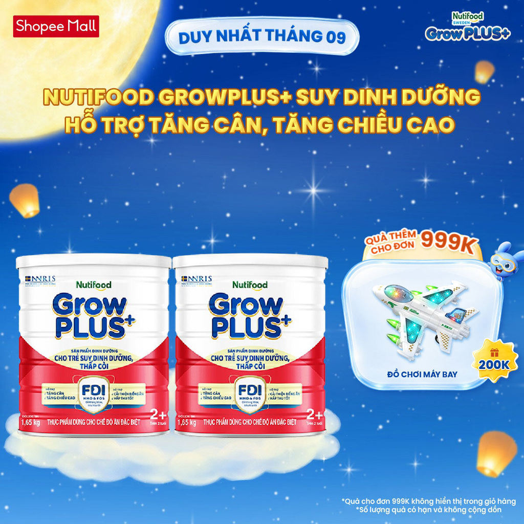 Combo 2 Sữa bột Nutifood GrowPLUS+ Suy Dinh Dưỡng (Đỏ) 2+ - Tăng Cân, Tăng Chiều Cao (2 Lon 1,65 Kg)