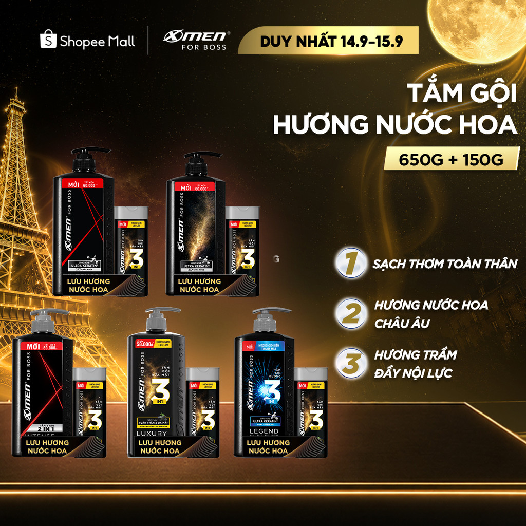 Combo Dầu gội/Tắm gội X-Men For Boss 630g + Tặng Tắm gội Luxury 150g - Hương Nước Hoa Châu Âu