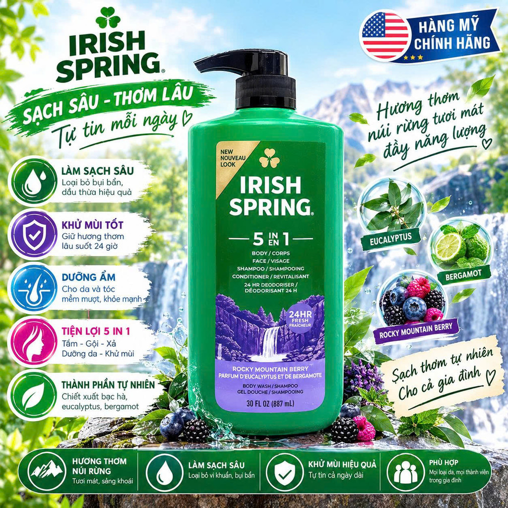 [CHÍNH HÃNG MỸ] Sữa Tắm Gội Toàn Thân Cho Nam Irish Spring 5 In 1 Body Wash Chai Lớn Có Vòi 887ml