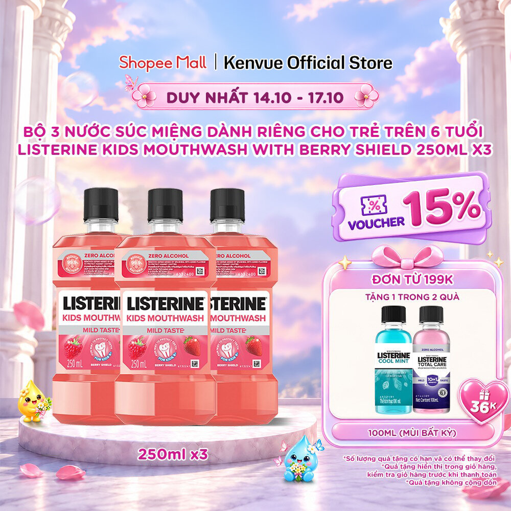 Bộ 3 chai Nước Súc Miệng Listerine Kids Mouthwash with berry shield Dành Riêng Cho Trẻ Trên 6 Tuổi 250ml/chaidi