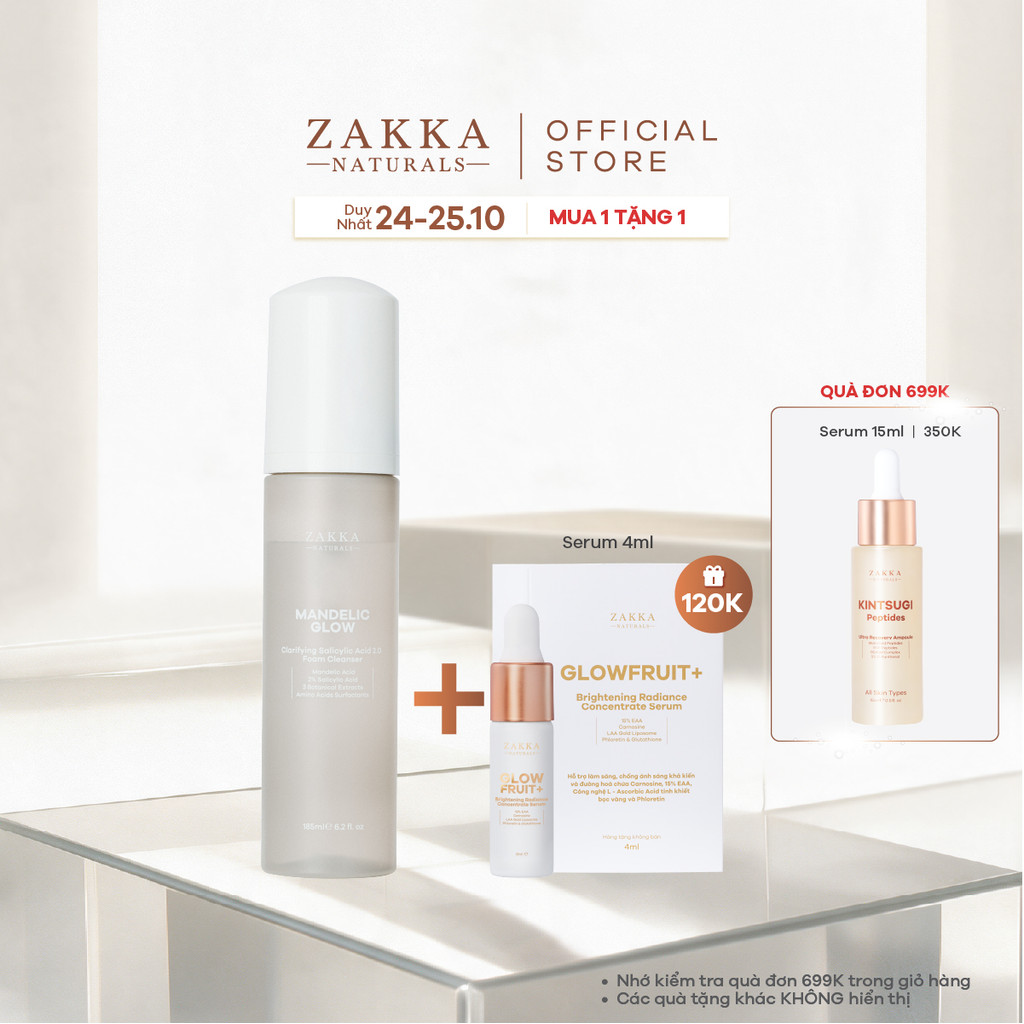 Sữa rửa mặt tạo bọt BHA, AHA Mandelic Glow Zakka Naturals 185ml