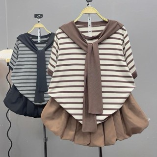  Áo Phông Bigsize Nữ Kèm Khăn Thủy Thủ Áo Thun Kẻ Sọc Cá Tính Cho Chubby A308+Khăn 