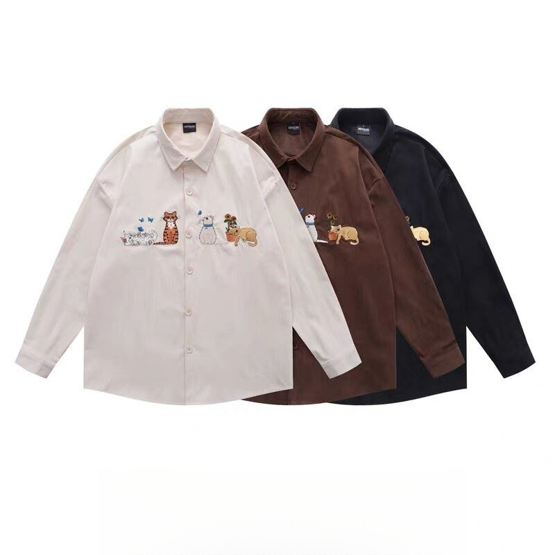 Áo sơ mi dày ve áo thêu mèo đa năng kiểu Mỹ