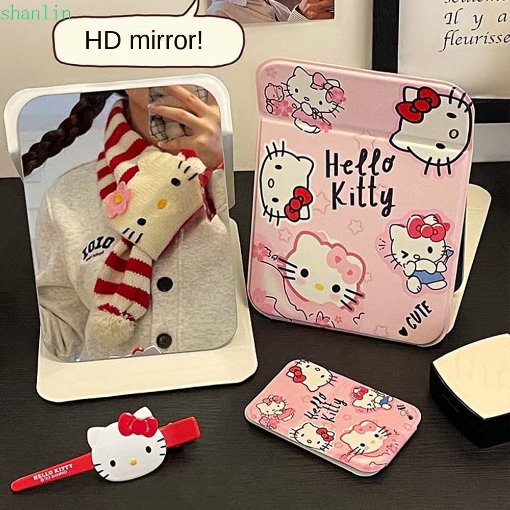 SHANLIN Kitty Desktop Stand Mirror, PU Leather Crayon Shin-chan Fold Makeup Mirror, Small Kitty Cat 