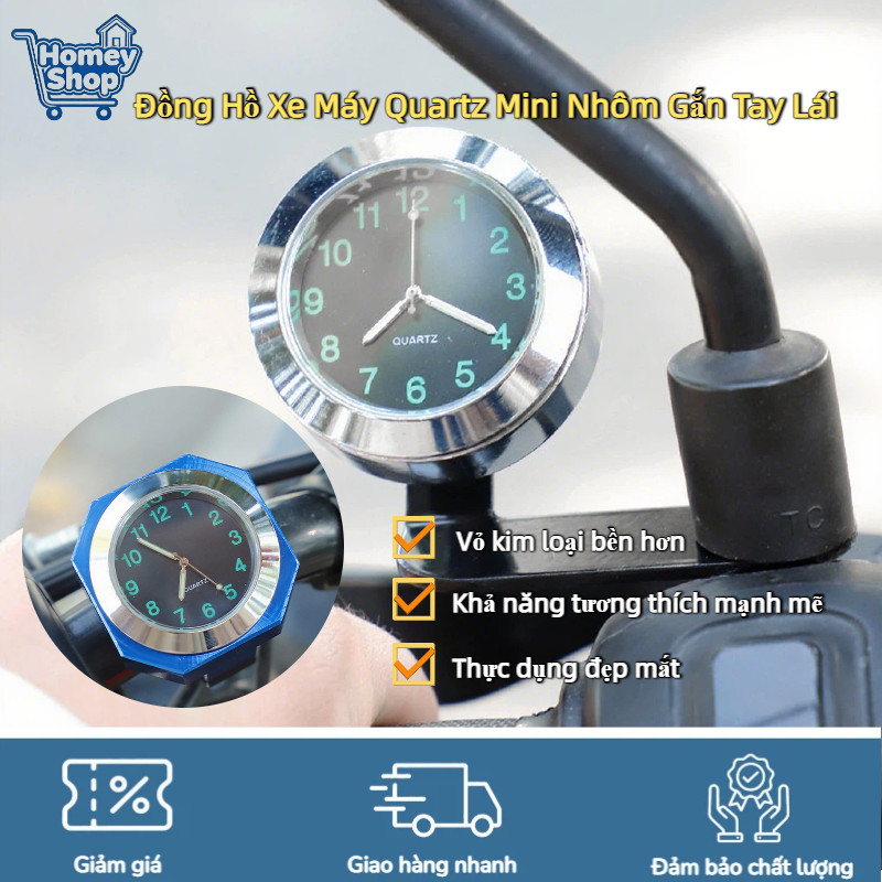 Đồng Hồ Xe Máy Quartz Mini Nhôm Gắn Tay Lái,Dễ Lắp Đặt,Chống Nước, Siêu Bền,Phụ kiện xe máy