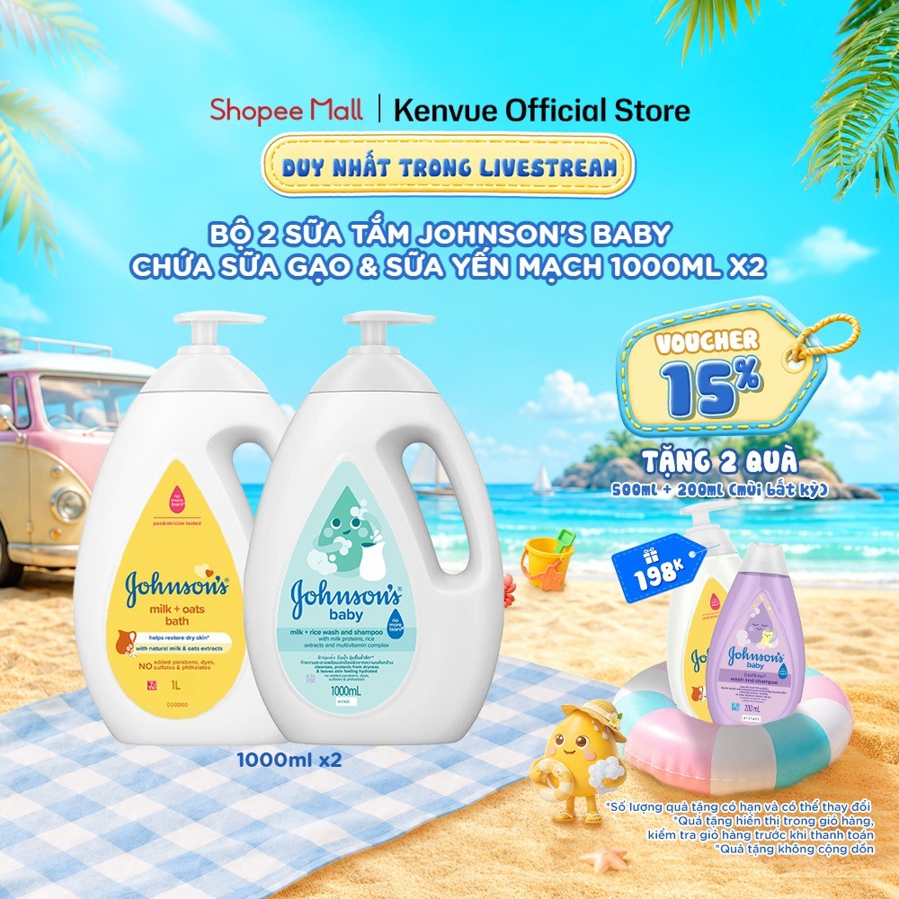 [KOL] Bộ 2 chai Sữa tắm Johnson's Baby chứa sữa gạo & yến mạch 1000ml