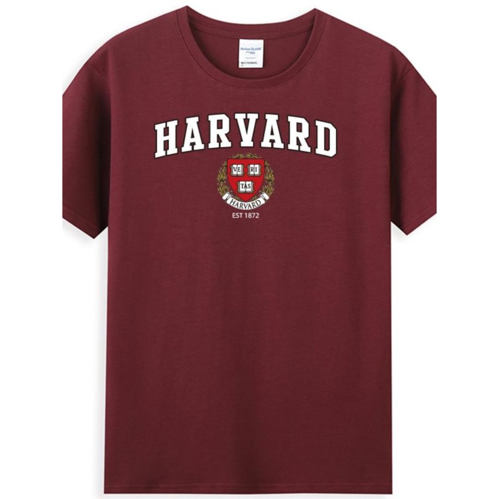 HARVARD Áo Thun Đại Học HARVARD Tay Ngắn Nam Nữ Cotton Nguyên Chất Rời Cổ Tròn Rượu Vang Đỏ Đồng Phụ