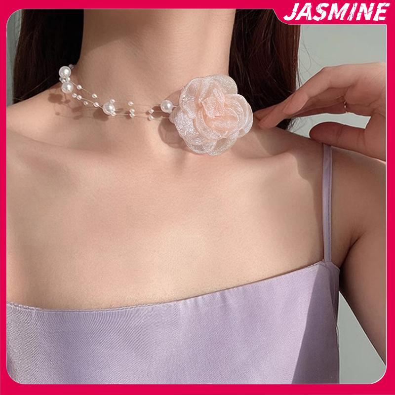 JASMINE Ngọc Trai Lãng Mạn Choker Camellia Nelace Mùa Hè Xương Đòn Dây Xích Với Vải Hoa Ngọc Trai Ch