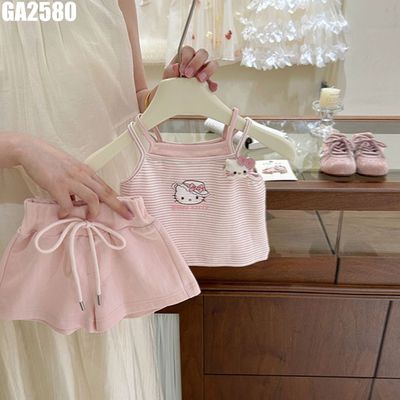 Set Đồ Bộ Bé Gái Áo Hai Dây Kẻ Sọc In Hình Quần Short Hồng Ngọt Ngào MINTSCLOSET GA2580
