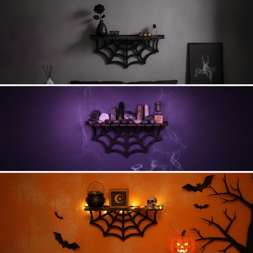 Arachnid Web Kệ Nổi Đen Gothic Kệ Nổi Nhẹ Trang Trí Cho Người Goth, Phòng Ngủ, Góc Đọc Sách