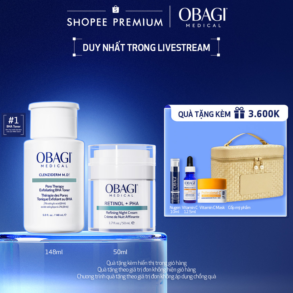[Obagi x BK] Bộ đôi Kem Dưỡng Đêm Obagi Retinol + PHA 50ml và Toner chứa 2% BHA Obagi Clenziderm M.D