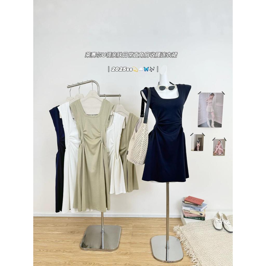 Oakmo Basic * Summer of the Island Lyocell Cổ chữ U thân thiện với da hàng ngày Váy eo hẹp
