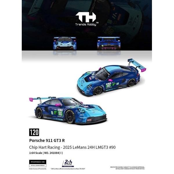 Pre-Order Mô hình xe Porsche 911 GT3 R Chip Hart Racing 2025 Lemans 24h LMGT3 #90 tỉ lệ 1:64 Trends 