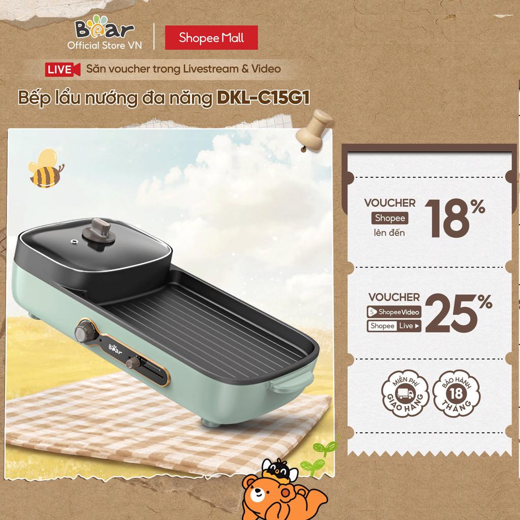 Bếp Nướng Lẩu Điện 3L Đa Năng 2in1 Bear DKL-C15G1 - Chính Hãng - BH 18 Tháng