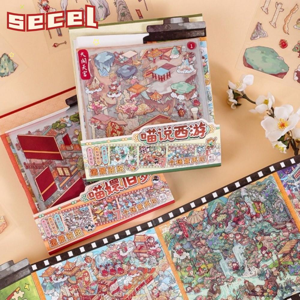 SECEL DIY Sticker Book, Meow Gets Into Character Scroll Style Cabin Scene, Cartoon Cat Kawaii Design