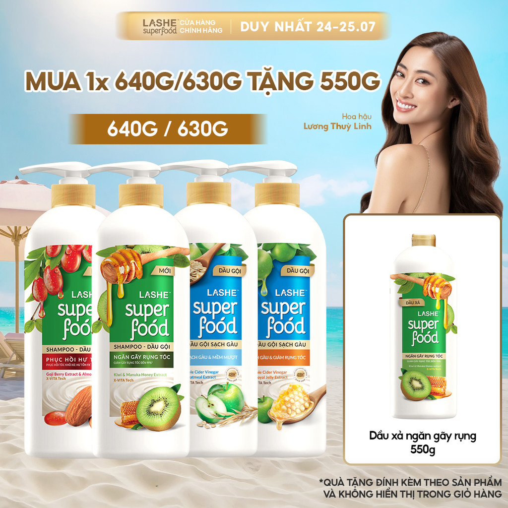 Dầu Gội LASHE SUPERFOOD Ngăn Rụng Tóc/Phục Hồi Hư Tổn/Sạch Gàu Giảm Rụng/Sạch Gàu Mềm Mượt 630G/640G