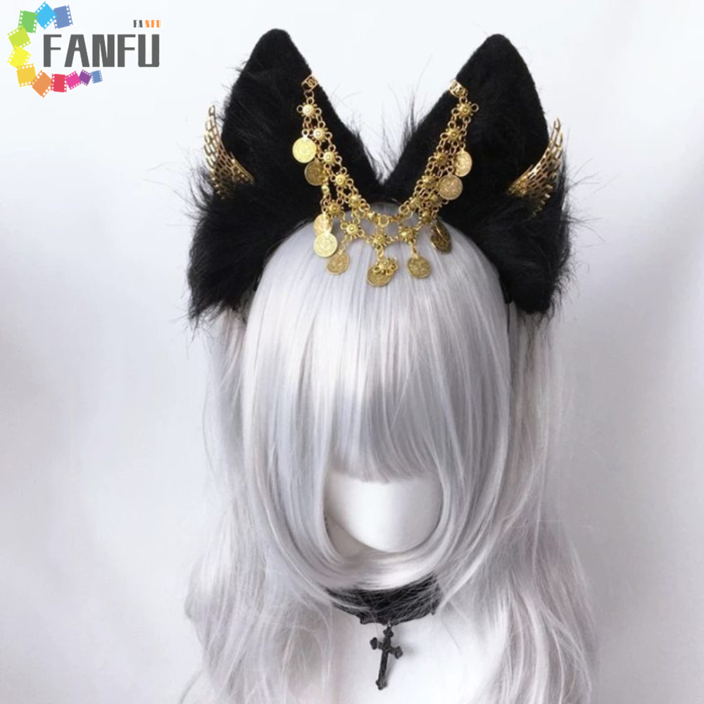 FANFUZOUZU Cosplay Anubis Băng đô, Đôi cánh vàng sang trọng Tai động vật Băng đô, Tua Rua tinh tế Hợ