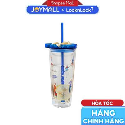 Ly Thủy Tinh LocknLock LLG914BLU, 2 Lớp Có Nắp, 620ml, Màu Xanh Họa Tiết , Có Kèm Ống Hút, hàng chính hãng - JoyMall