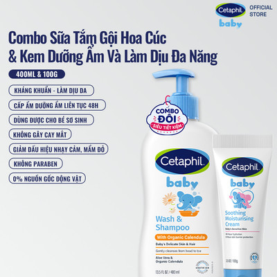 Combo Sữa tắm gội dưỡng ẩm dịu lành với Calendula hoa cúc hữu cơ 400ML & Kem làm dịu và dưỡng ẩm đa năng cho bé 100G