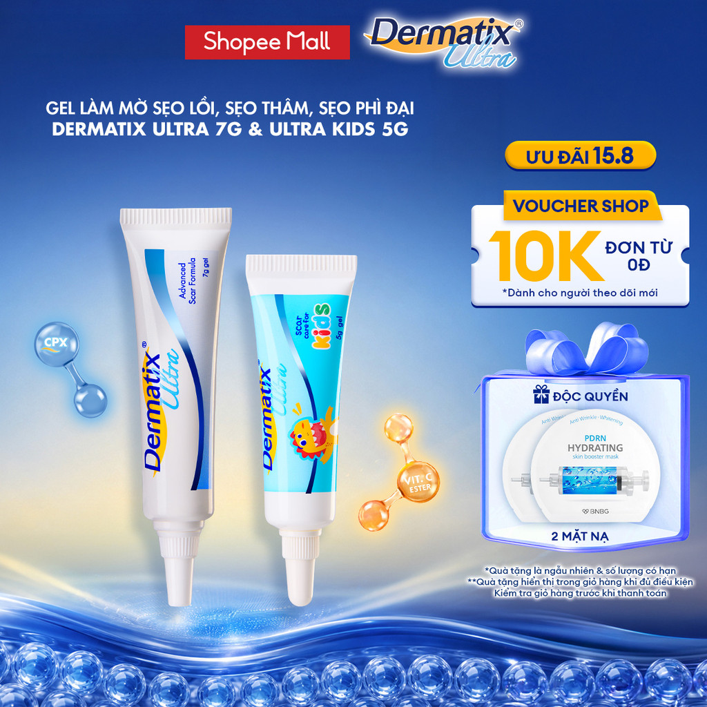 Combo gel làm mờ sẹo lồi, sẹo thâm Dermatix Ultra 7g cho người lớn & Dermatix Ultra Kids 5g cho trẻ 