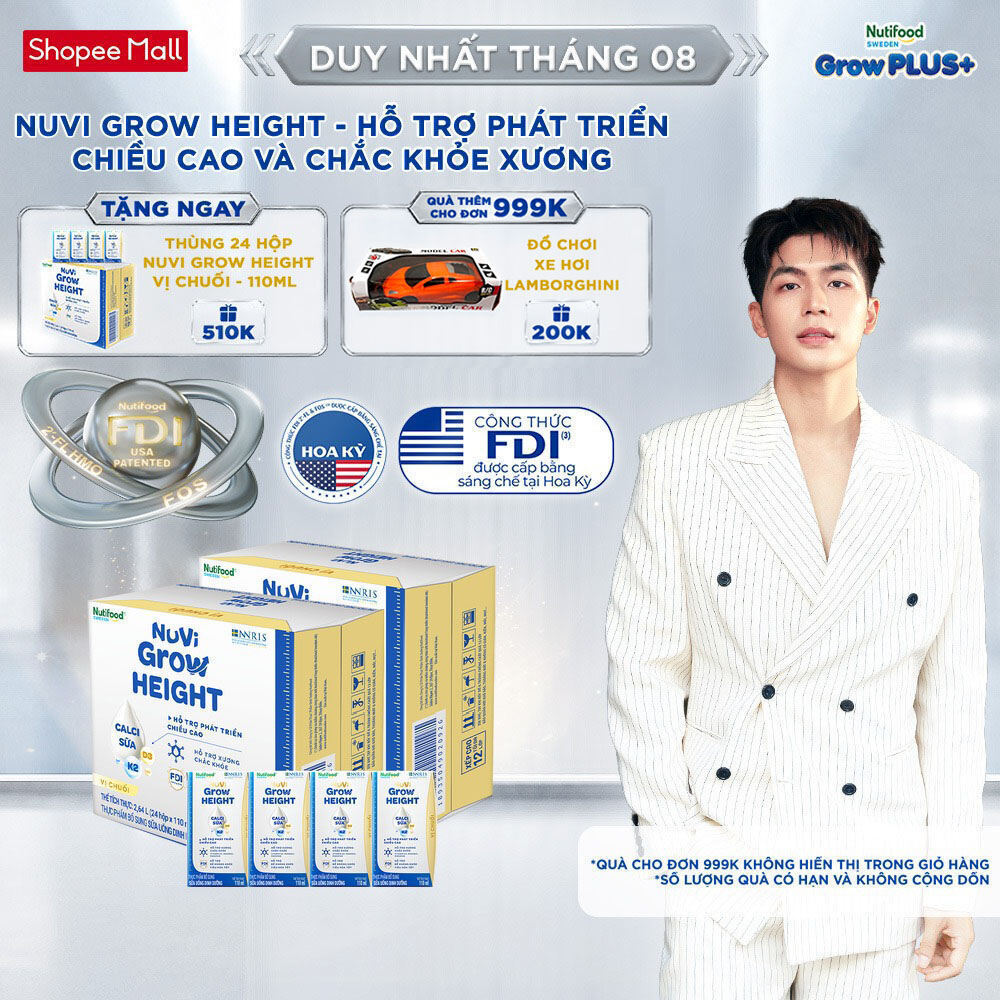 Combo 2 Thùng 24 hộp SBPS Nuvi Grow Height vị chuối 1+ hỗ trợ phát triển chiều cao hộp 110ml