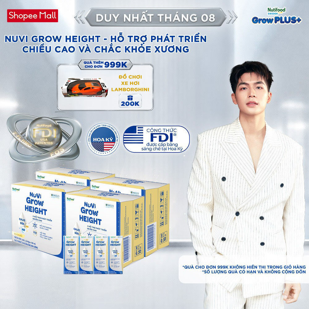 Combo 4 Thùng 24 hộp SBPS Nuvi Grow Height vị chuối 1+ hỗ trợ phát triển chiều cao hộp 180ml