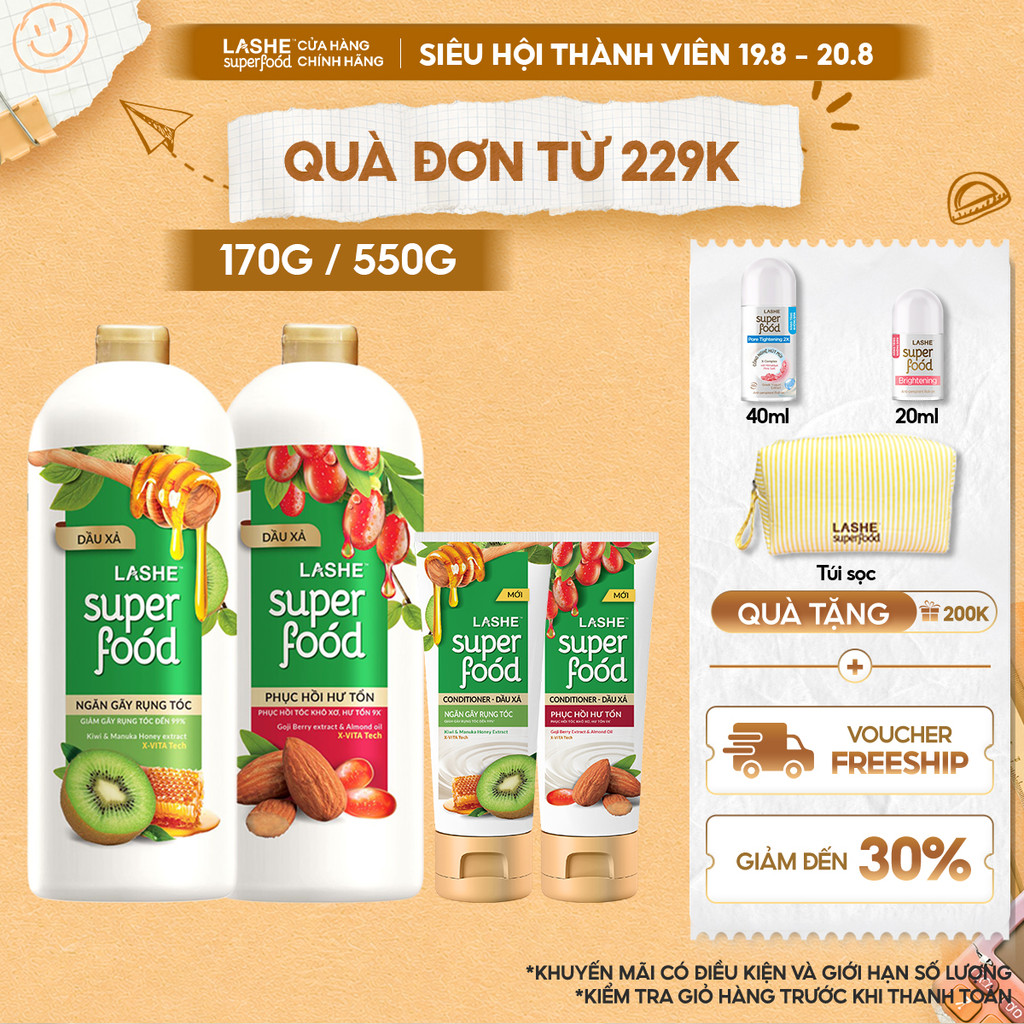 Dầu Xả LASHE SUPERFOOD Ngăn Gãy Rụng Tóc / Phục Hồi Hư Tổn 170G & 550G