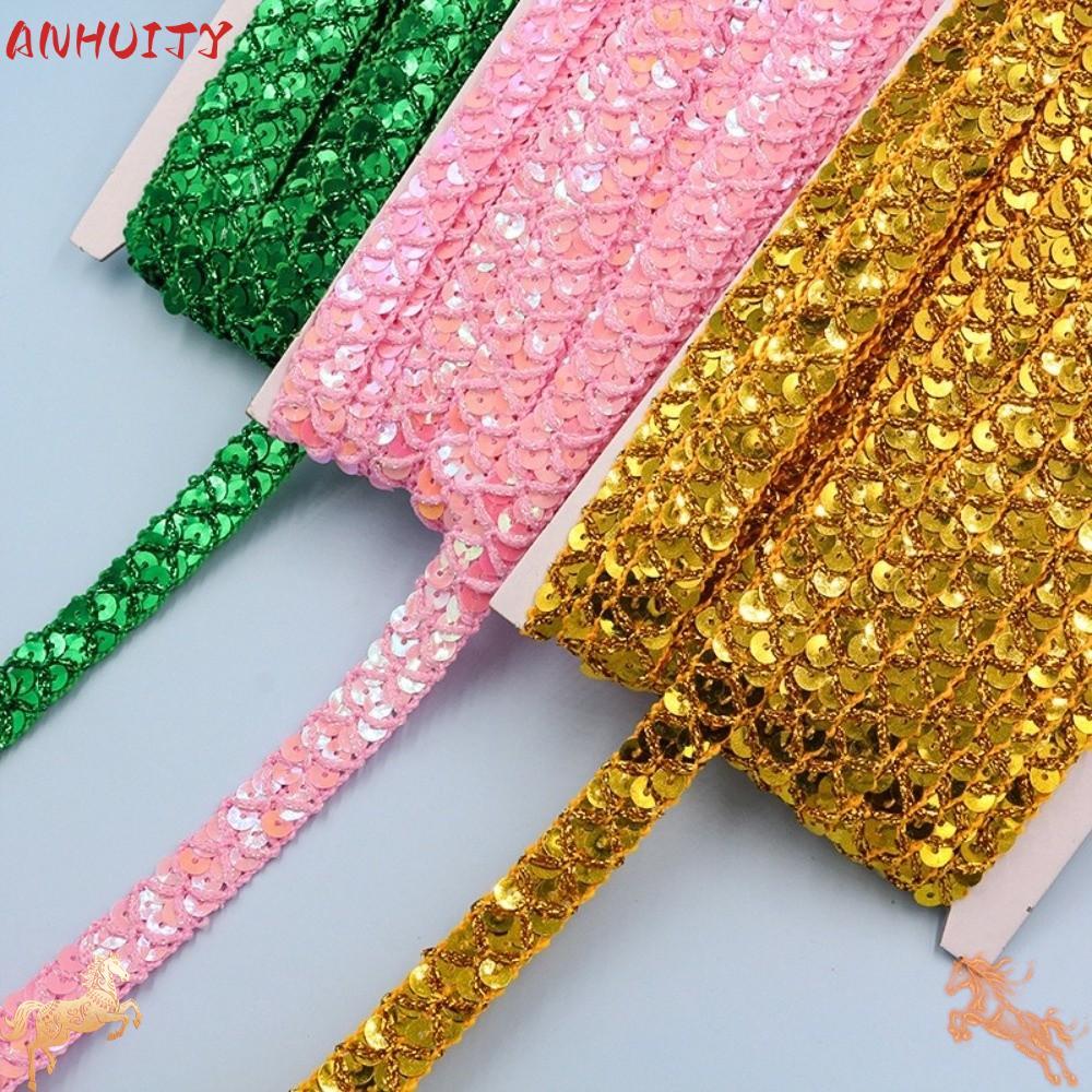 ANHUITYJ Băng ren sequin, Ruy băng viền sequin kim loại dài 10 mét, sáng bóng 1,5cm kết cấu lấp lánh