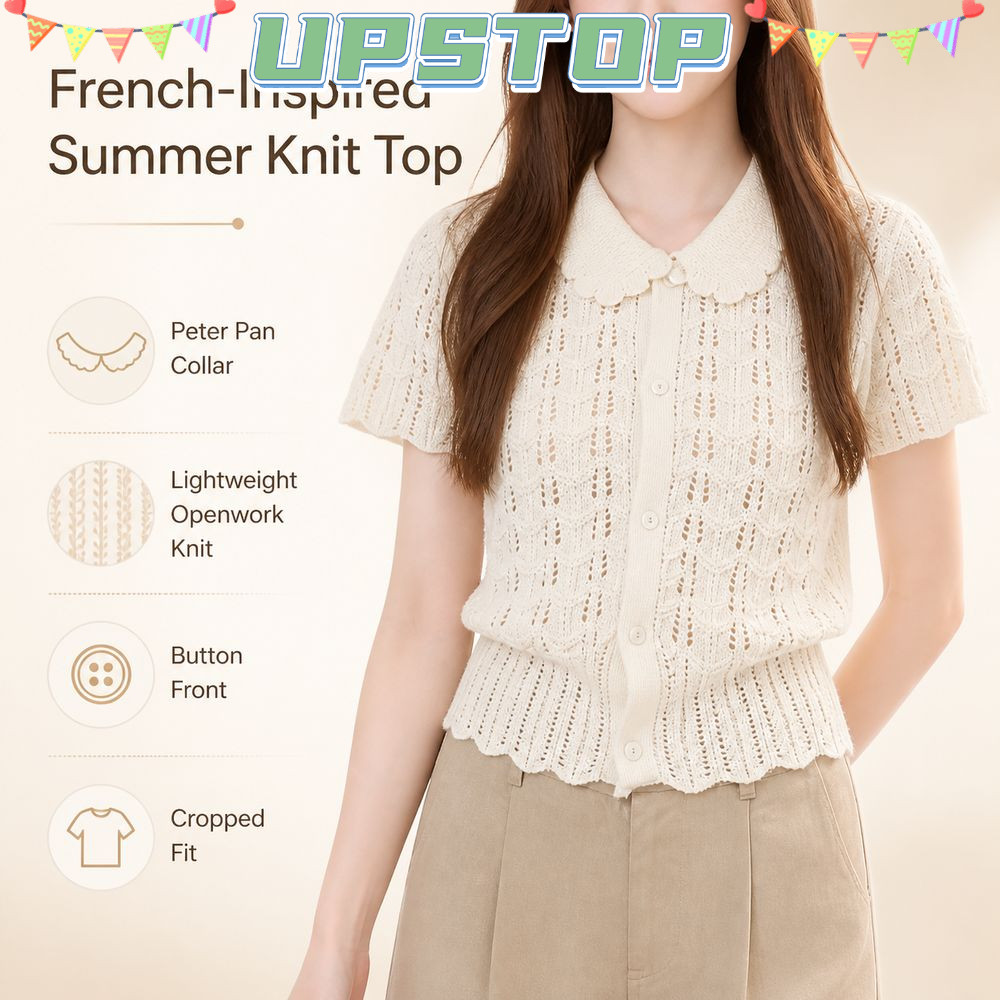 Áo sơ mi dệt kim tay ngắn UPSTOPBO, Nút phía trước kết cấu Openwork Crop Đan Top, Phong cách crop Pe