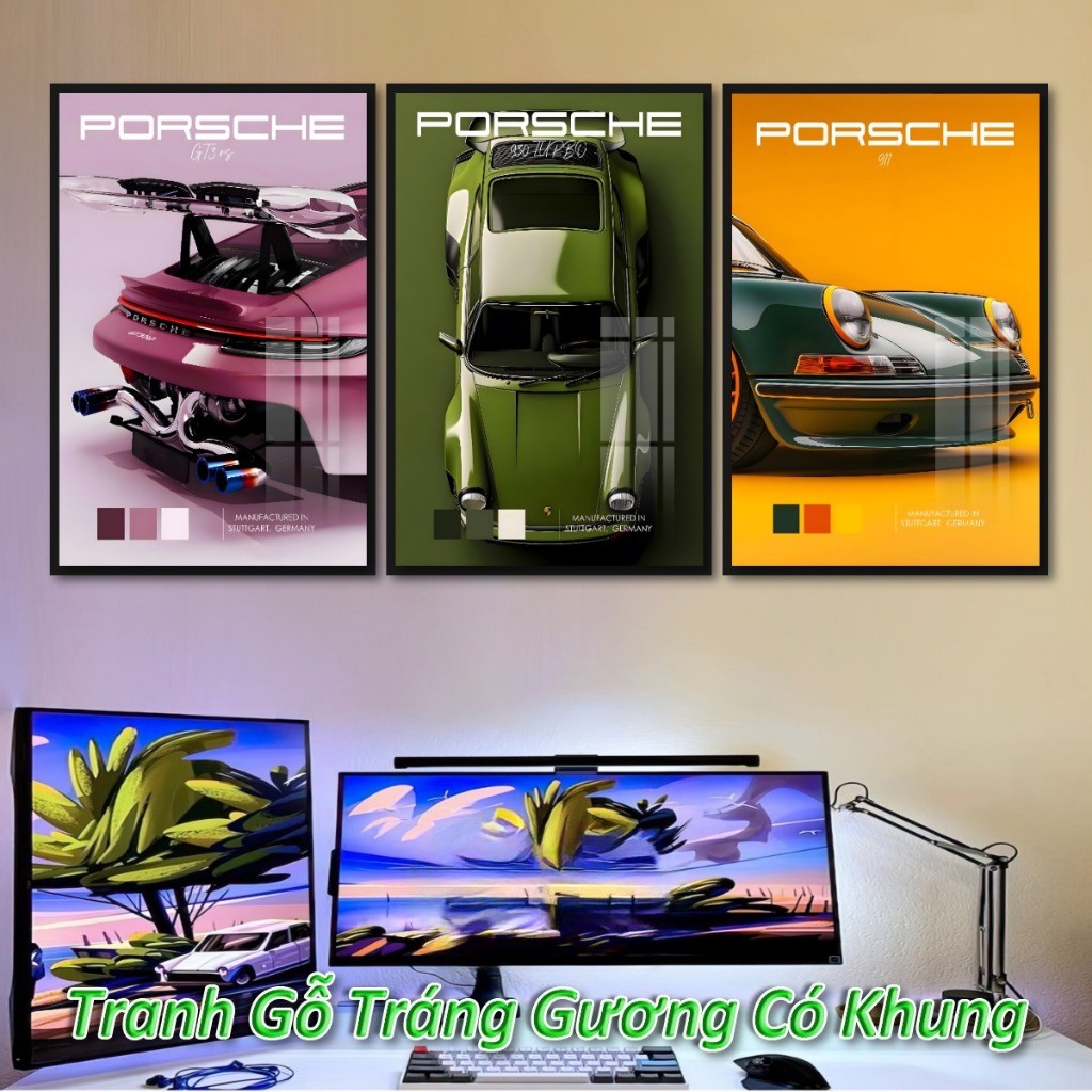 Tranh Xe Porsche, F1 Nghệ Thuật Tráng Gương Khung Composite Decor Treo Tường Trang Trí Nhà Cửa