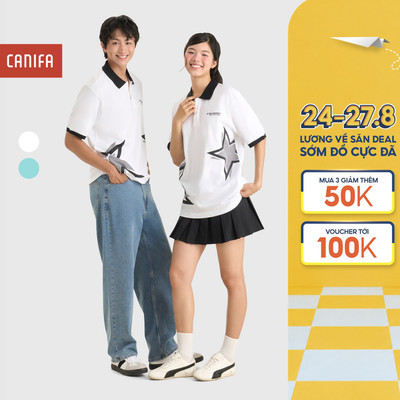 Áo polo unisex người lớn CANIFA ngắn tay form boxy phối màu in họa tiết 5TP26S004