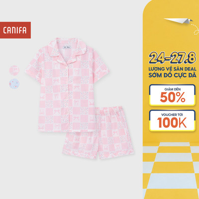 Bộ pyjama bé gái CANIFA bộ quần áo cộc tay mặc nhà chất cotton mềm mát in họa tiết 1LS26S008