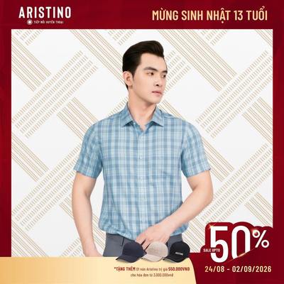 Áo Sơ Mi Nam Xanh Kẻ Ngắn Tay Aristino Regular Fit ASS079AS3