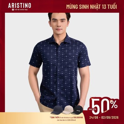 Áo Sơ Mi Nam Tay Ngắn Aristino Business Perfect fit Tôn Xanh Tím Than In Họa Tiết Mặt Trời 1SS021AS3