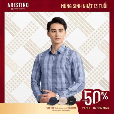 Sơ mi nam dài tay Aristino màu xám xanh kẻ slim fit ALS01203