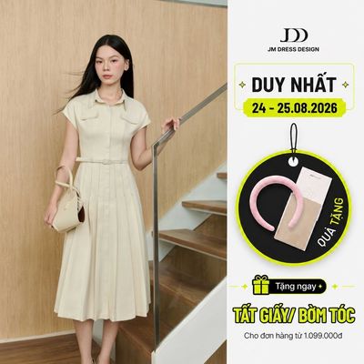 Đầm Cổ Đức Vai Trờm, Chân Xếp Ly 1F40.2511, Đầm Dáng A Midi Cổ Bẻ Túi Giả Menswear Thanh Lịch Cổ Điển By JM