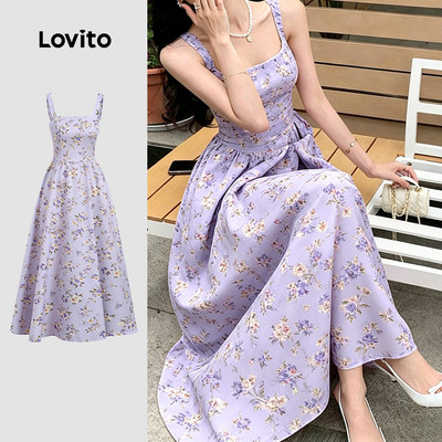 Đầm nữ Lovito tím xuân hè phong cách resort thường ngày LK6AD107