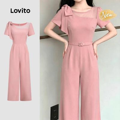 (New Arrival) Lovito Jumpsuit nữ màu hồng mùa Xuân/Hè may ghép vải đường nét thanh lịch JRB198P1D592