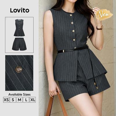 (New Arrival) Lovito Áo hoặc quần casual với nút nếp gấp màu xám đậm mùa xuân/hè SHK8BR235