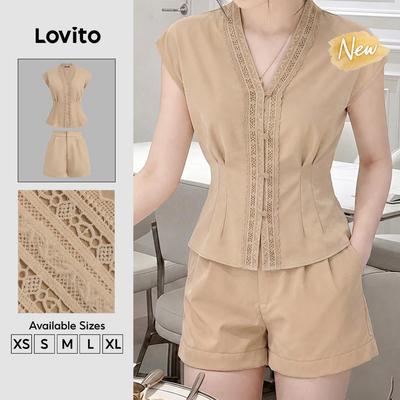 (New Arrival) Lovito Bộ đồ short thường ngày khaki có cúc mùa xuân/hè dành cho nữ SHK8P1D536