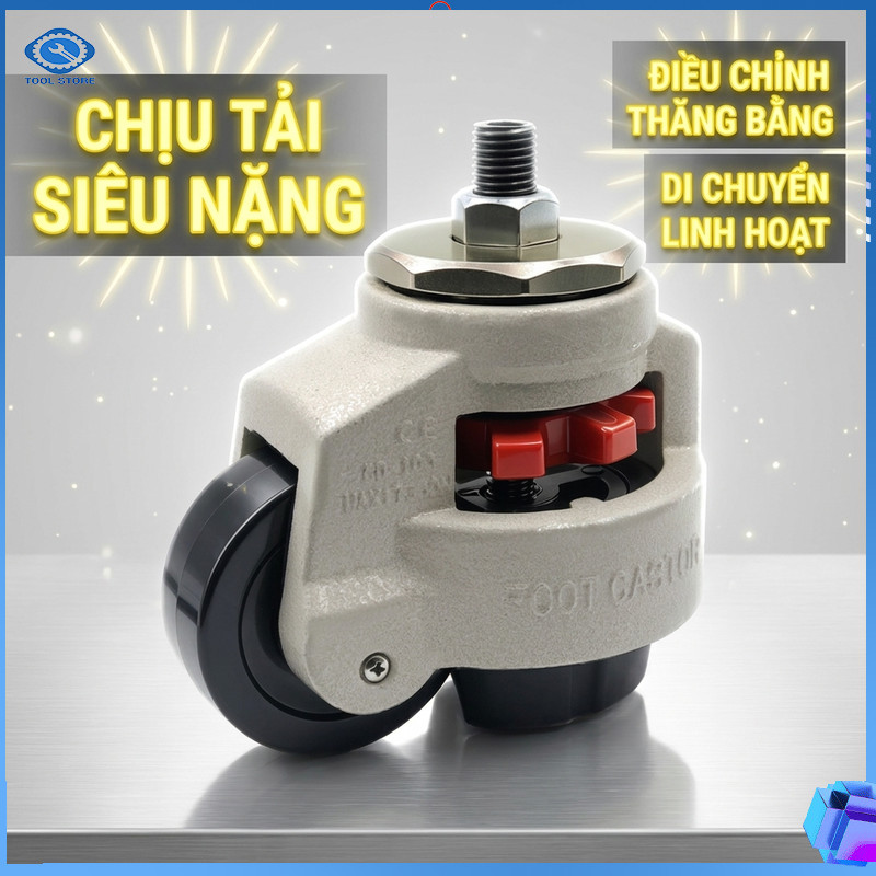 Bánh Xe Đẩy Hàng Nặng GD60F Xoay 360 Độ Chỉnh Độ Cao Cọc Ren Siêu Tải Khóa Cứng Chống Ồn