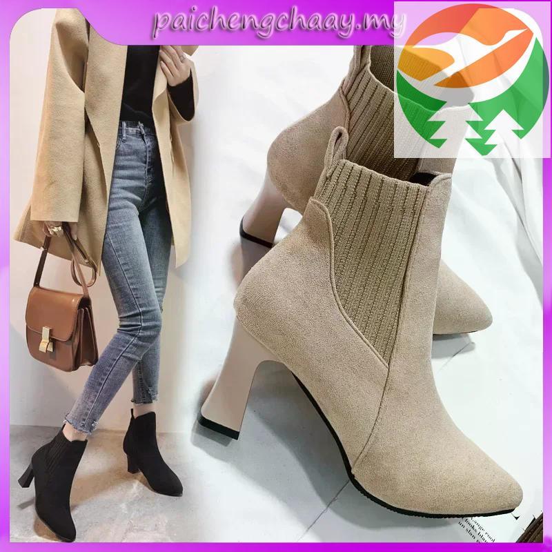 Wg1 Booties thời trang thu đông, bốt ngắn chunky, booties co giãn, tất cao, booties mảnh mai