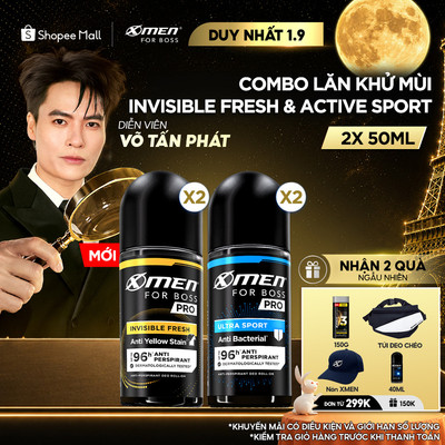 [MỚI] Combo 2 Lăn Khử Mùi Xmen for Boss PRO 50ml/chai Invisible Fresh & Ultra Sport, 96H Giảm Mùi Mồ Hôi & Vệt Ố Vàng