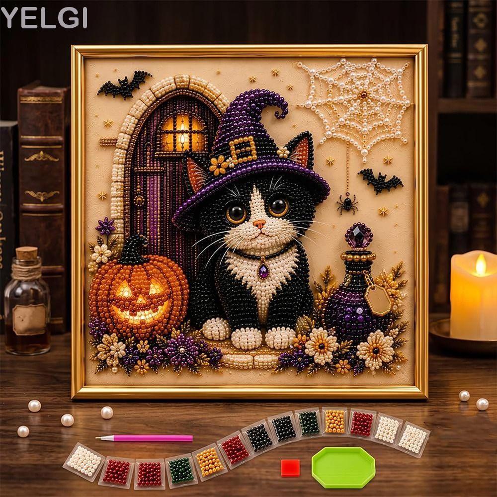 YELGI Halloween Cat Pearl Bead Painting Kit, DIY Pearl Bead Diamond Art Craft, có khung Diamond Dot 