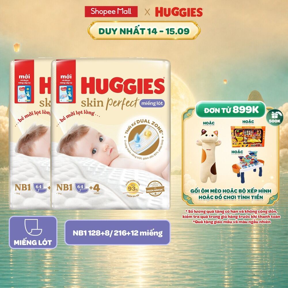 Combo 2/Combo 3 gói Miếng lót sơ sinh Huggies Skin Perfect 2 vùng thấm giảm kích ứng da NB1 64+4/NB1