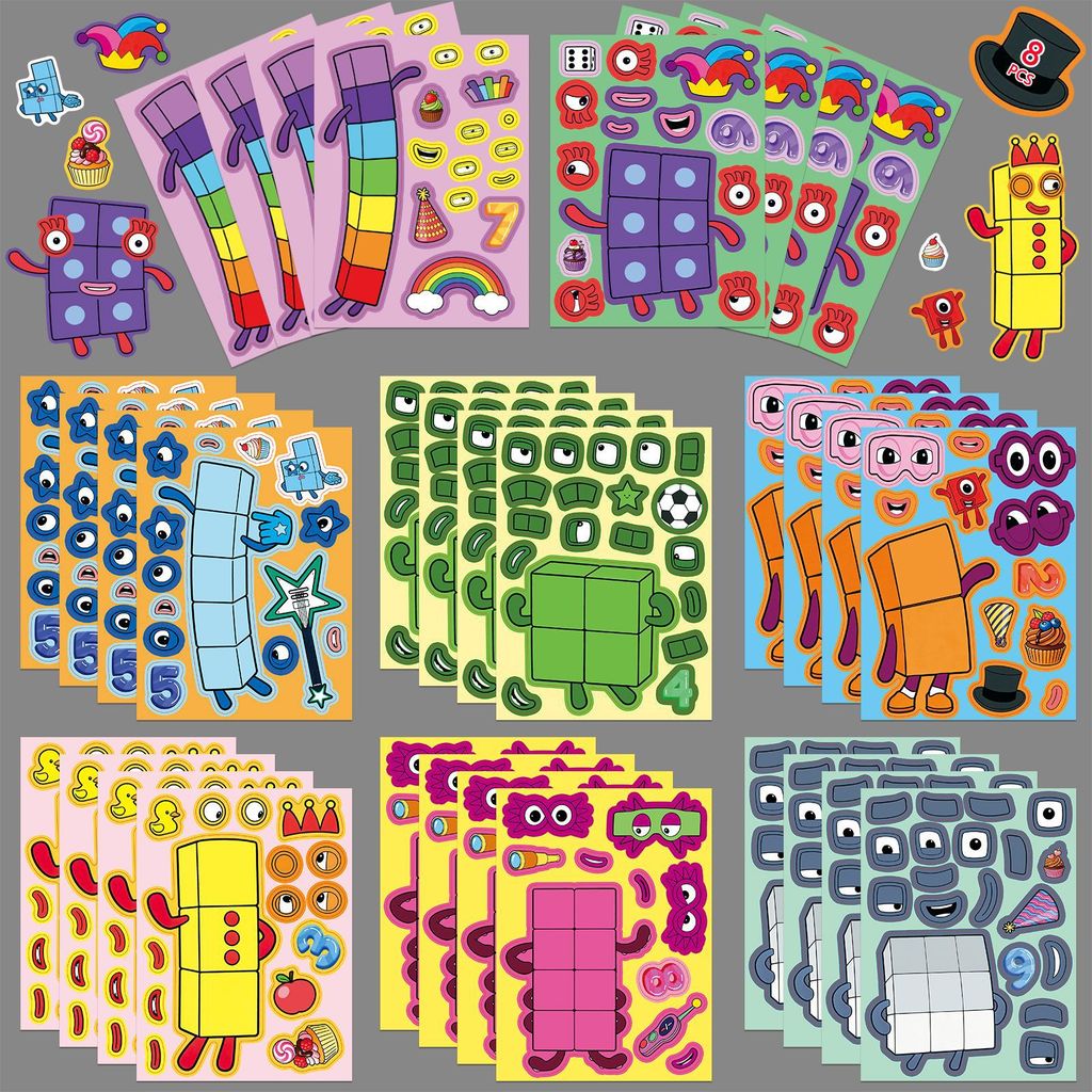 8 Tờ / bộ Số Khối Thay Đổi Bộ Khuôn Mặt Hoa Văn Dán Numberblocks Giáo Dục Mầm Non Dán Xếp Hình Hỗ Tr