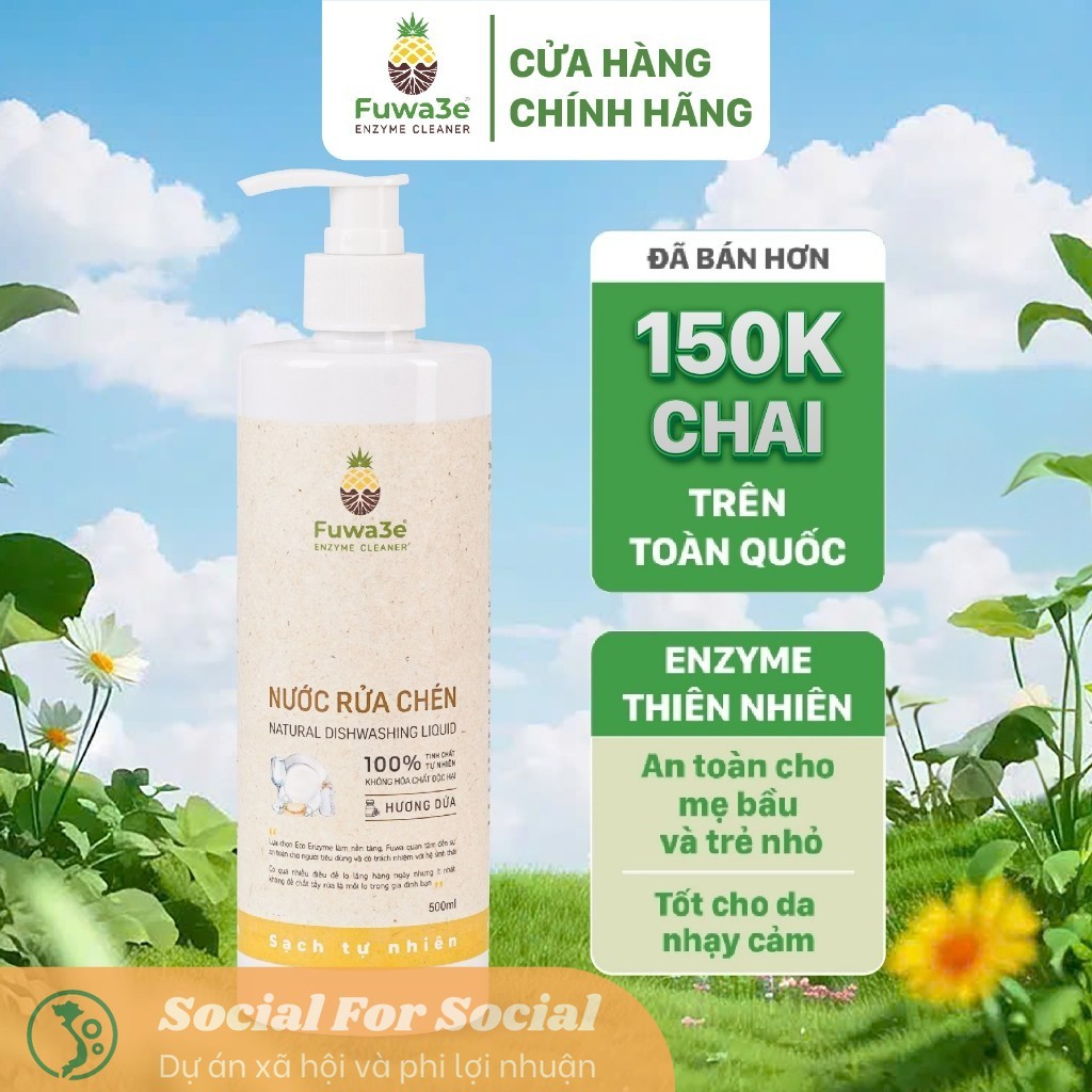 [Hỏa tốc] [Mua 2 giảm 10%]  Nước Rửa Bát Hữu Cơ Fuwa3e Organic Enzyme Sinh Học 500ml An Toàn Cho Bé Bảo Vệ Da Tay