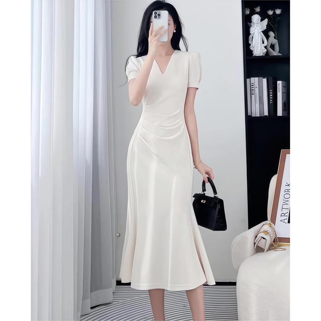 Đầm trắng dài qua gối công sở bigsize nữ đầm xinh nhẹ nhàng thiết kế cao cấp suông dáng