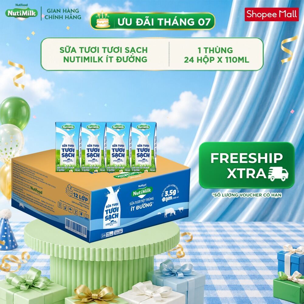 Thùng 24 Hộp Sữa Tươi Tươi Sạch NutiMilk Ít Đường 110ml