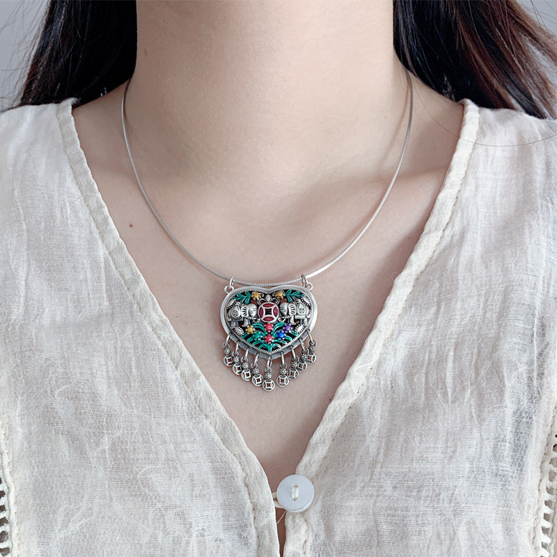 Preferred in-stock items#99Pure silver heart-shaped necklace for women with tassel and coin pendant,
